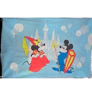 Vintage 1970s Disney Mickey Minnie Frontierland Blue‎ Pillowcase Knight Princess